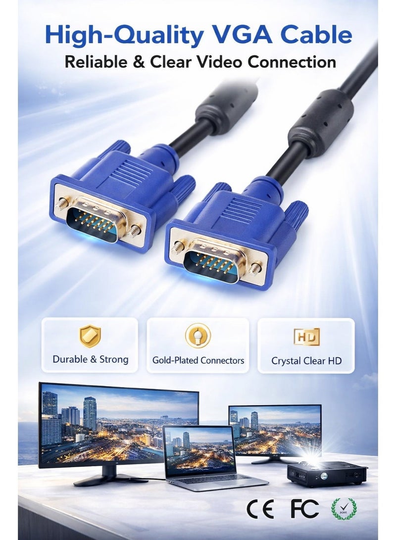 VGA Male to Male Cable 1.8 Meter – High Quality Video Signal for PC, Monitor & Projector – Gold-Color Connectors with Anti-Interference Shielding - Image 3