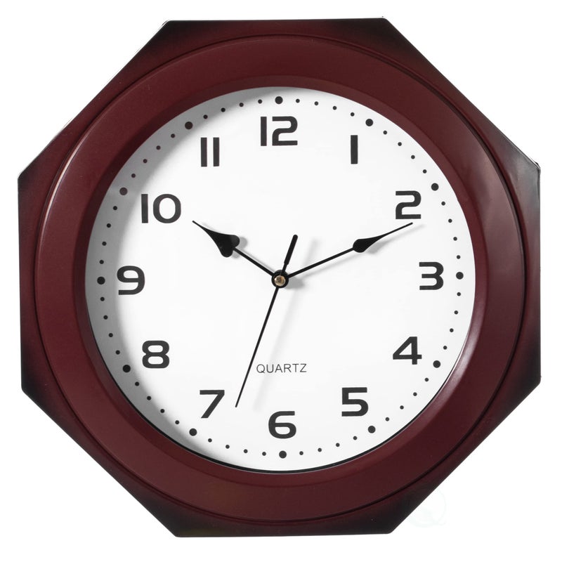 Quickway Imports Brown Modern Decorative Octagon Shaped Wood Looking Plastic Wall Clock for Living Room Kitchen or Dining Room
