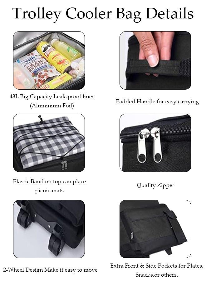 DUNISO Trolley Cooler Food Bag, Portable Hand Boot Cart Trunk, Insulated Rolling Thermal Beverage with Foldable Wheels Roller for Outdoor BBQ Beach, Camping, Picnics, Grocery Shopping - Image 3