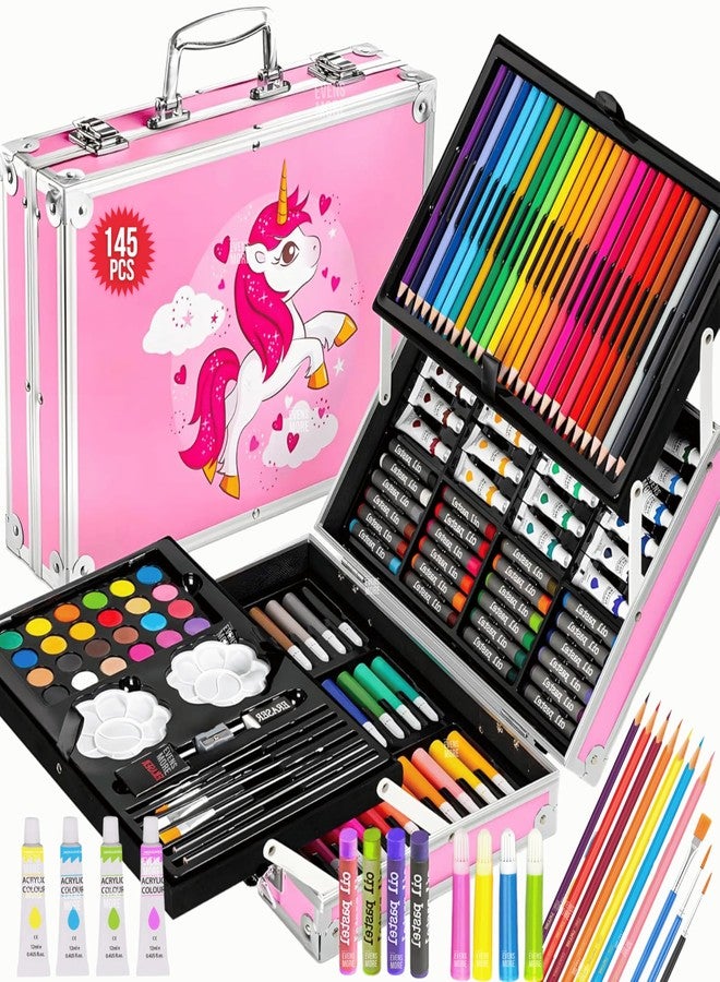EVENS MORE 145-Piece Pink Unicon Deluxe Art Set for Kids & Adults | Sketch Colour Pencils, Watercolors, Crayons, Brushes, Eraser, Sharpener | Complete Drawing & Painting Kit with Case (Unicon) - Image 1