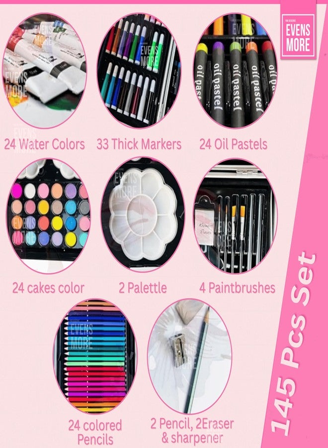 EVENS MORE 145-Piece Pink Unicon Deluxe Art Set for Kids & Adults | Sketch Colour Pencils, Watercolors, Crayons, Brushes, Eraser, Sharpener | Complete Drawing & Painting Kit with Case (Unicon) - Image 3