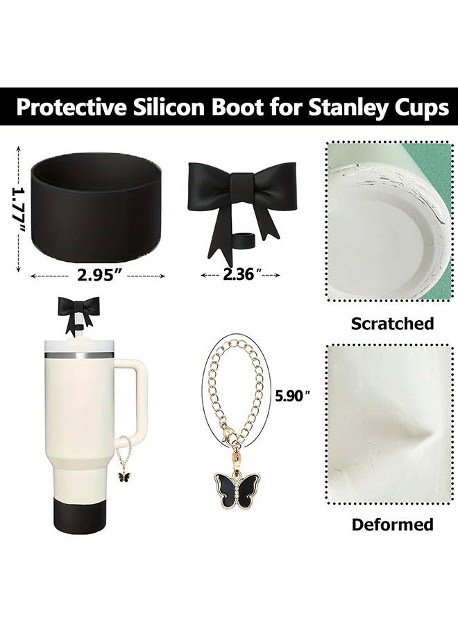 Arabest Stanley Cup Accessories Set, Cute Black Bow Straw Cover Toppers for Stanley Cup 30/40oz Tumble, Metal Black Butterfly Chain, Silicone Black Stanley Cup Boot (Black)  - Image 2