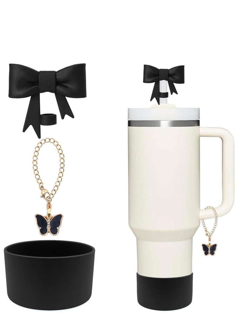 Arabest Stanley Cup Accessories Set, Cute Black Bow Straw Cover Toppers for Stanley Cup 30/40oz Tumble, Metal Black Butterfly Chain, Silicone Black Stanley Cup Boot (Black)  - Image 1