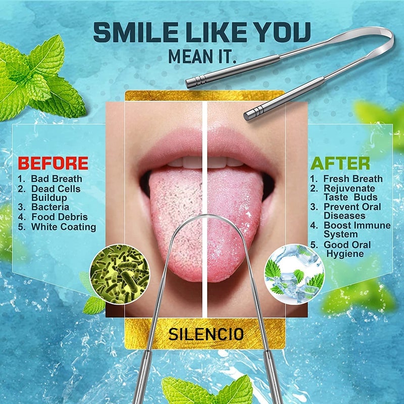 SILENCIO Tongue Scraper, 2 Pack Tongue Cleaner Tongue Scraper for Adults Kids U-Shaped Tongue Scraper Tongue Cleaner for Oral Health and Fresh Breath, Stainless Steel Tongue Scraper (2) - Image 2