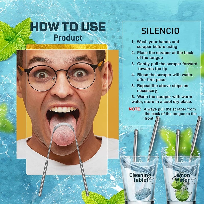 SILENCIO Tongue Scraper, 2 Pack Tongue Cleaner Tongue Scraper for Adults Kids U-Shaped Tongue Scraper Tongue Cleaner for Oral Health and Fresh Breath, Stainless Steel Tongue Scraper (2) - Image 4