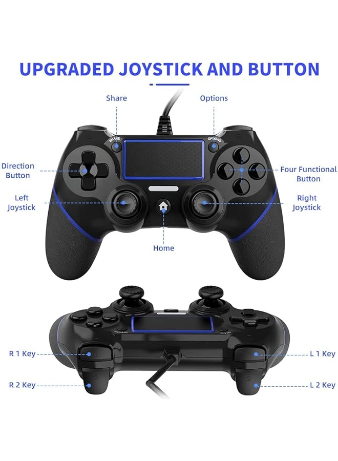 وحدة تحكم سلكية للألعاب لجهاز بلاي ستيشن 4 مع عصا تحكم اهتزازية لأجهزة بلاي ستيشن 4/بلاي ستيشن 4 سليم/بلاي ستيشن 4 برو والكمبيوتر الشخصي (أسود وأزرق) - Image 4