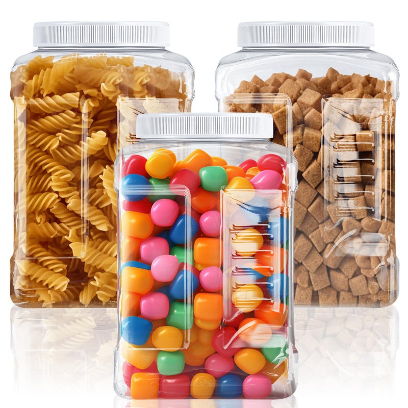 Ziliny 3 Pcs 1 Gallon Clear Plastic Jar with Lid Wide Mouth Square Screw Top Food Storage Containers PET Plastic Empty Grip Jar Canisters for Candy Cookies Kitchen Food SafeWhite Lid