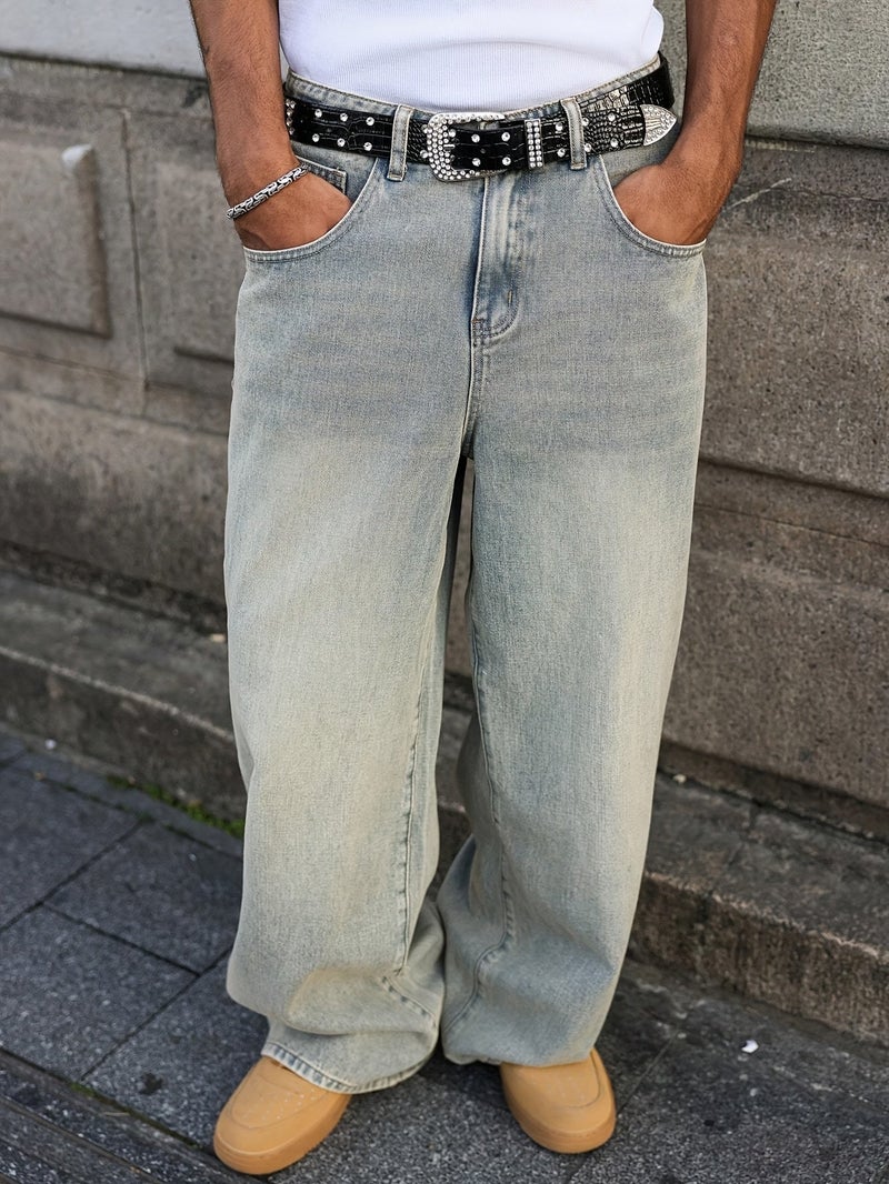 Light-Washed Wide-Leg Jeans - Oversized Loose-Fit Straight-Leg Trousers with Belt Loops & Classic Five-Pocket Design, Washed Denim for Casual & Formal Wear, All-Season (Machine Washable) - Image 2