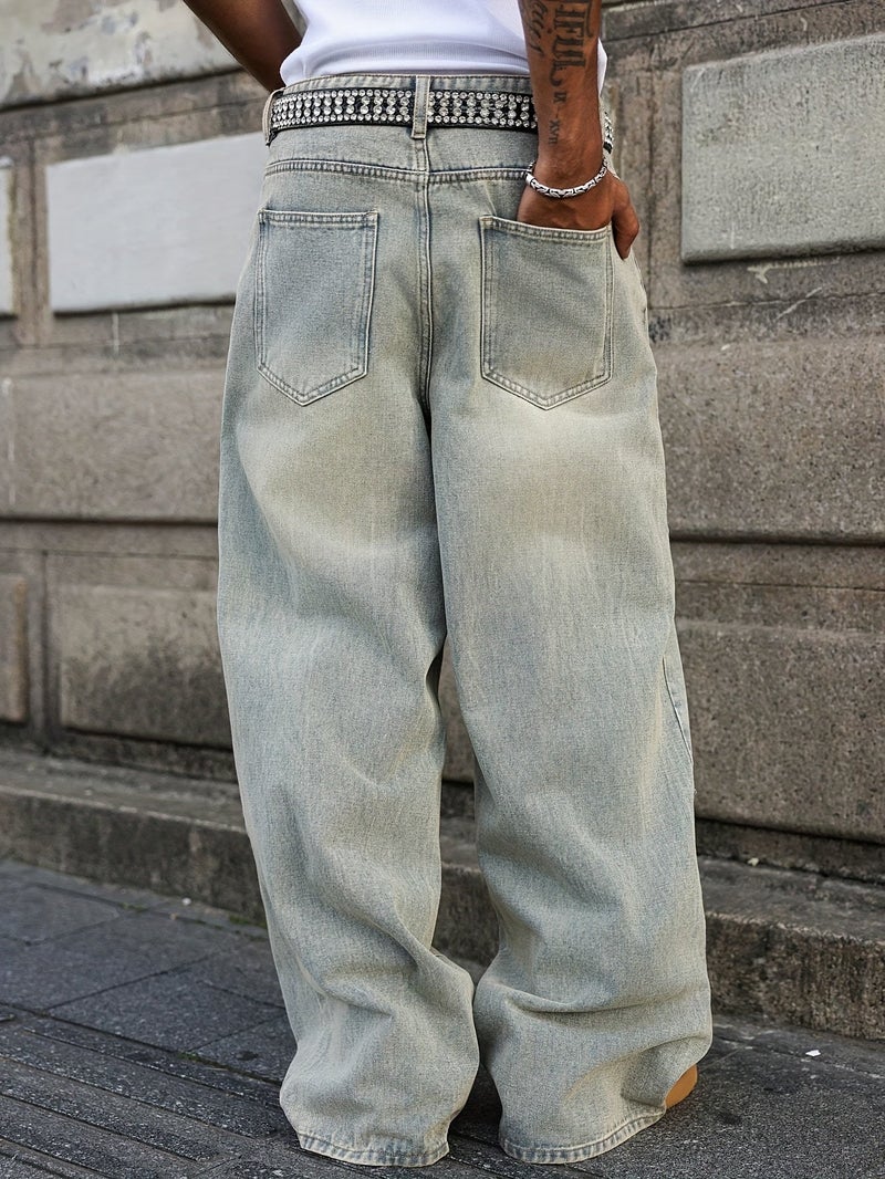 Light-Washed Wide-Leg Jeans - Oversized Loose-Fit Straight-Leg Trousers with Belt Loops & Classic Five-Pocket Design, Washed Denim for Casual & Formal Wear, All-Season (Machine Washable) - Image 5