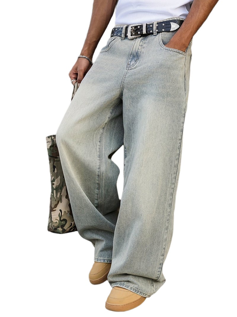 Light-Washed Wide-Leg Jeans - Oversized Loose-Fit Straight-Leg Trousers with Belt Loops & Classic Five-Pocket Design, Washed Denim for Casual & Formal Wear, All-Season (Machine Washable) - Image 1