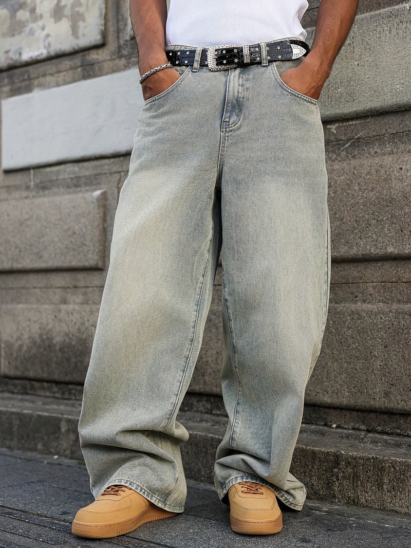 Light-Washed Wide-Leg Jeans - Oversized Loose-Fit Straight-Leg Trousers with Belt Loops & Classic Five-Pocket Design, Washed Denim for Casual & Formal Wear, All-Season (Machine Washable) - Image 4