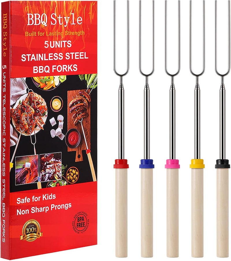 BBQStyle Marshmallow Roasting Sticks, Telescoping Smores Sticks for Open Fire Pit, 32 Inch Long Marshmallow Toasting Barbecue Forks S’mores Skewers for Campfire Camping Hotdog Hot Dog Bonfire Grill, 5 Pack - Image 1
