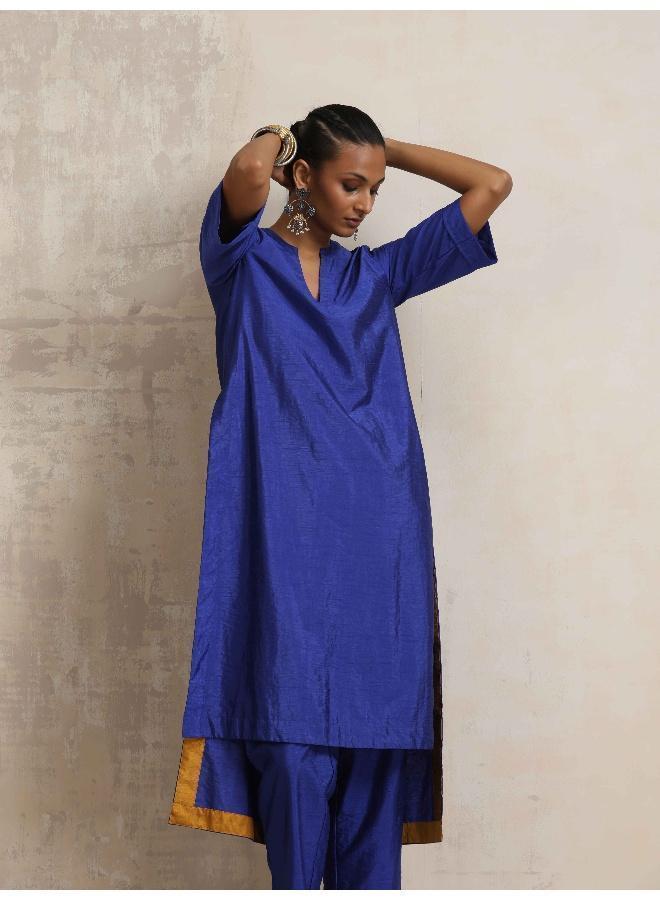 trueBrowns Blue Silk High Slit Kurta Set - Image 3