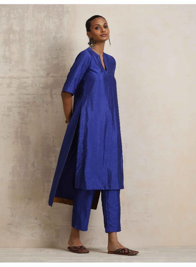 trueBrowns Blue Silk High Slit Kurta Set - Image 1