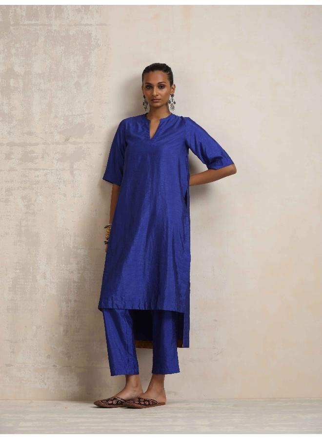 trueBrowns Blue Silk High Slit Kurta Set - Image 2