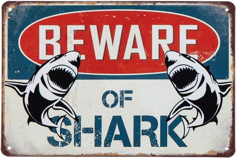 ERLOOD Beware Of Shark Beach Closed Due to Sighting Vintage Tin Signs Retro Metal Wall Poster Decorative Tin Sign 8 x 12 - Image 1