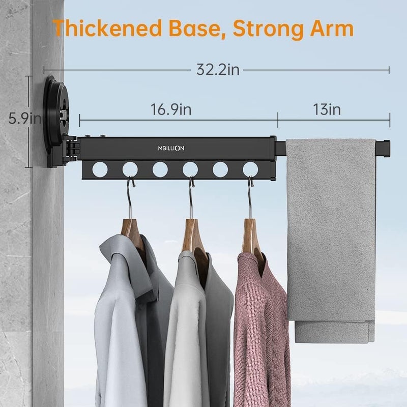 MIXEN Wall Mounted Clothes Rack Folding Retractable Collapsible Drying Rack Clothing Clothes Drying Rack Indoor Metal Hanging Drying Rack Space Saver for Laundry Bathroom Balcony Color Black - Image 2