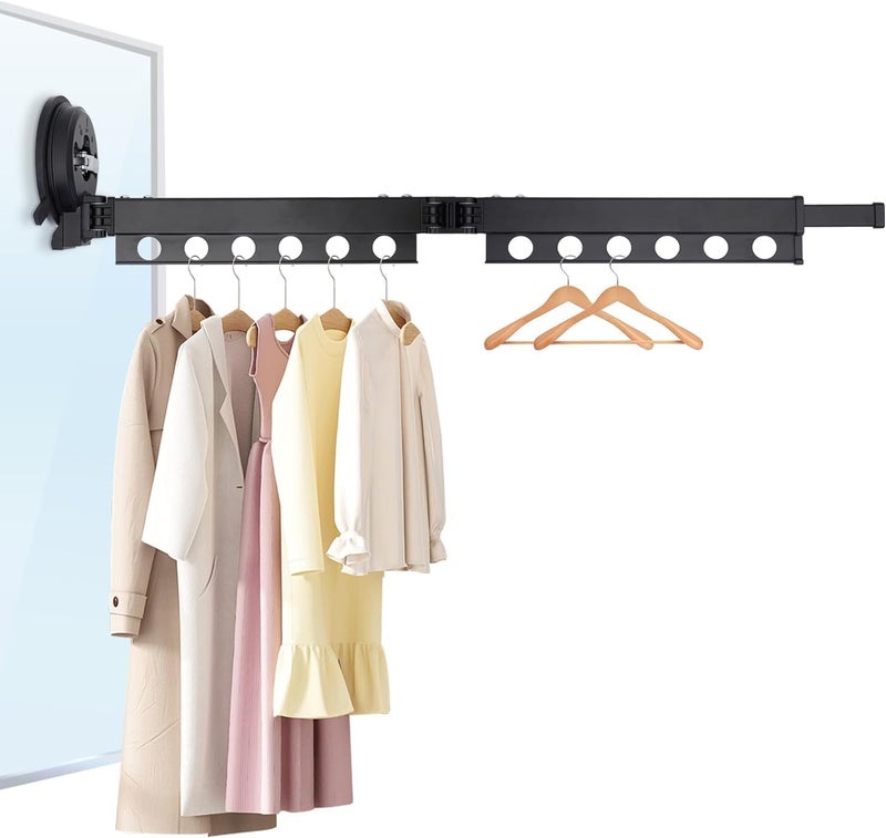 MIXEN Wall Mounted Clothes Rack Folding Retractable Collapsible Drying Rack Clothing Clothes Drying Rack Indoor Metal Hanging Drying Rack Space Saver for Laundry Bathroom Balcony Color Black - Image 1