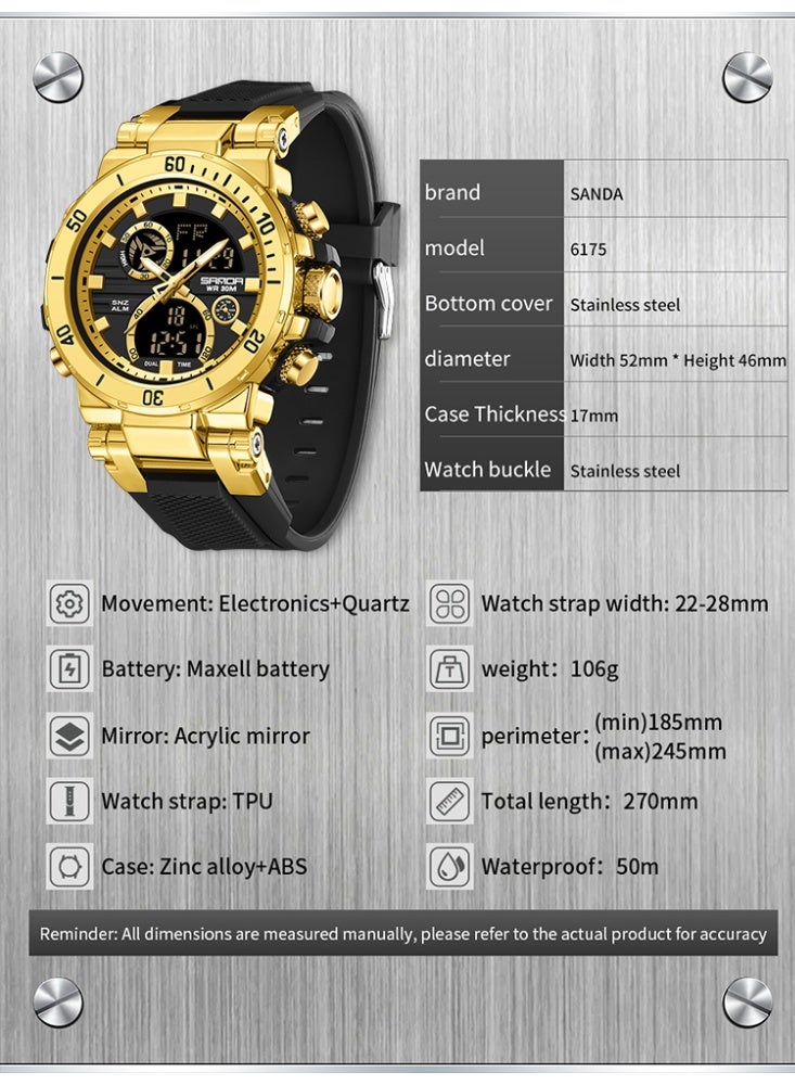 Sanda Fashion Brand Luxury 6175 New Men's Sports Multifunctional Electronic Watch LED Waterproof Dual Display Clock Men's Watch - Image 2