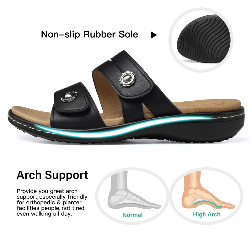SHIBEVER Flat Sandals Women Dressy: Walking Comfortable - Arch Support Plantar Fasciitis Slides Sandals - Black Summer Sandal Size 9 - Image 4