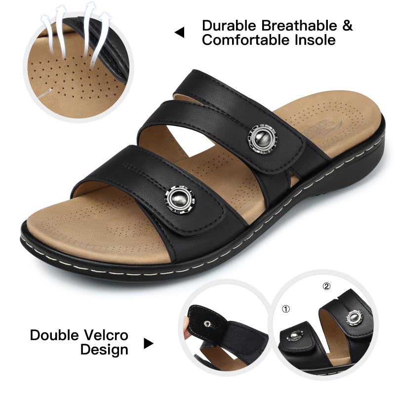 SHIBEVER Flat Sandals Women Dressy: Walking Comfortable - Arch Support Plantar Fasciitis Slides Sandals - Black Summer Sandal Size 9 - Image 5