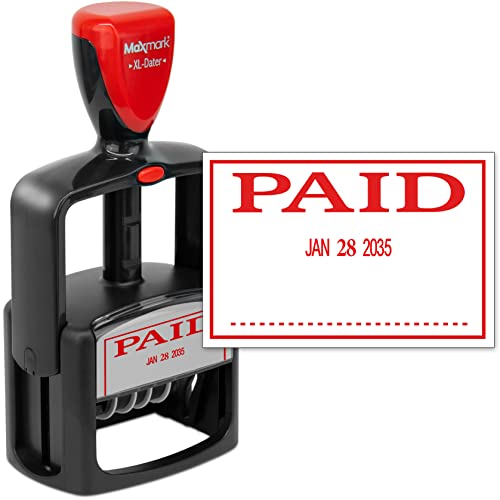 Rubber Stamp Creation MaxMark Heavy Duty Style 3 Date Stamp with Paid self Inking Stamp - Red Ink - Image 1