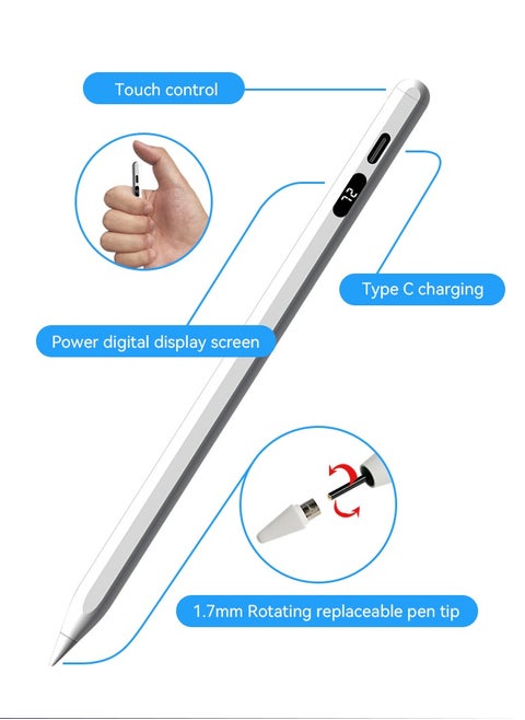 Stylus Pen with Pencil Holder Storage Box for ipad, Active Pencil with Digital Display Indicator, Palm Rejection Tilt Sensor, Stylus Pen with Tilt Sensitivity/Strong Magnetic, Universal Stylus Pencil 1/2 Generation, Compatible with iPad 2018 and Later , iPad, iPad Pro, iPad Air, iPad Mini (White)