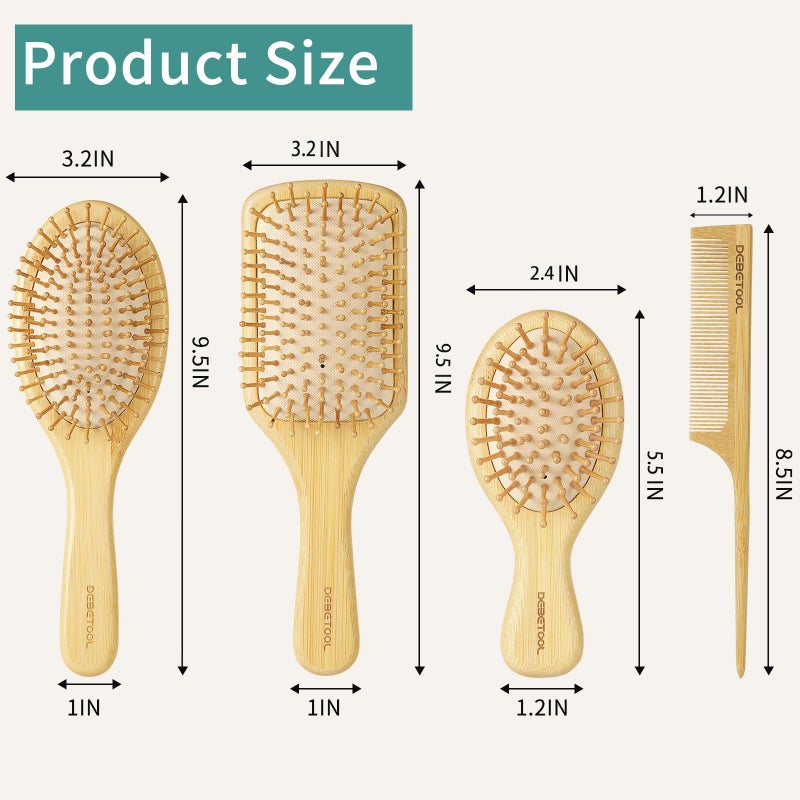 DEBETOOL Bamboo Hair Brush and Comb Set for Women Men and Kids,Natural Bamboo wood Wide-tooth brush and tail comb - Paddle Detangling Brush for Wet Dry Curly Hair - Image 2