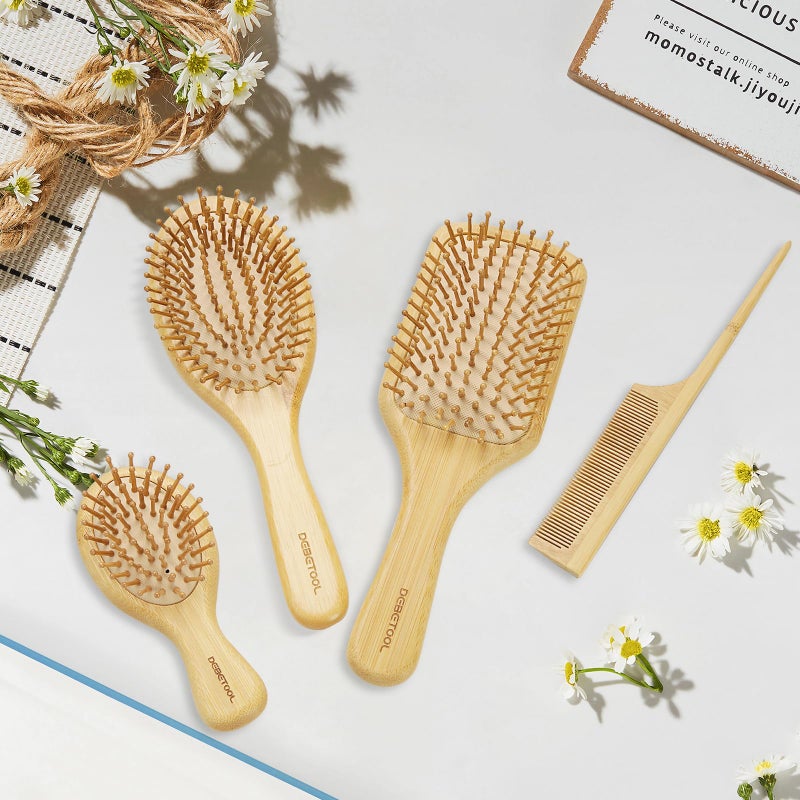 DEBETOOL Bamboo Hair Brush and Comb Set for Women Men and Kids,Natural Bamboo wood Wide-tooth brush and tail comb - Paddle Detangling Brush for Wet Dry Curly Hair - Image 5