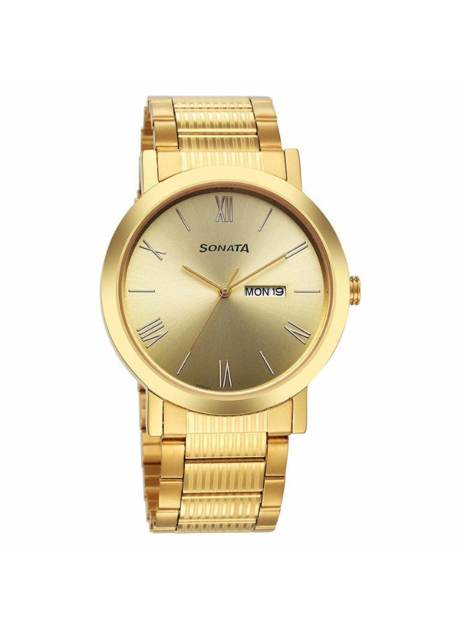 Sonata 77108YM11 Men's Watch – Champagne Dial, Yellow Stainless Steel Bracelet, Quartz Movement, Day & Date Function - Image 1