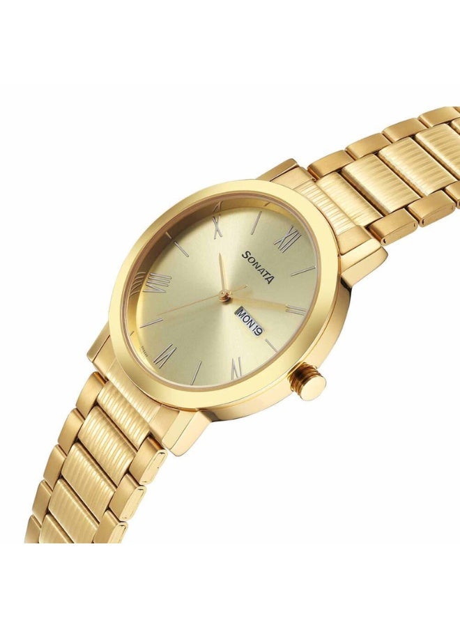 Sonata 77108YM11 Men's Watch – Champagne Dial, Yellow Stainless Steel Bracelet, Quartz Movement, Day & Date Function - Image 3