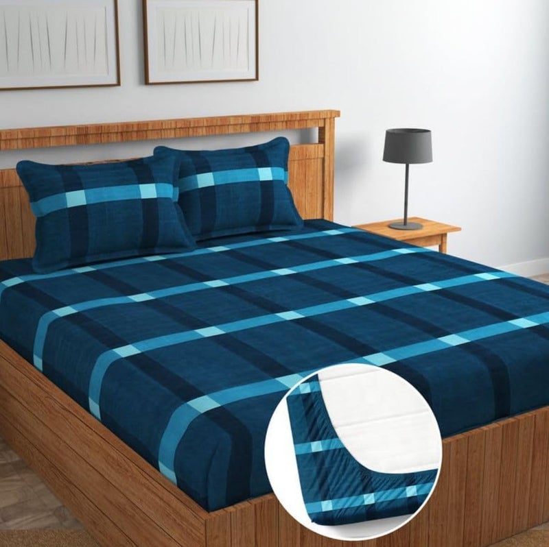 Syriddyaas Premium CottonMix Elastic Fitted Bedsheet with 2 Pillow Covers for Double Bed with All Around Elastic 276 TC Supersoft Size 72x78 Fit Upto 6 Inches Mattress Color Blue  - Image 1