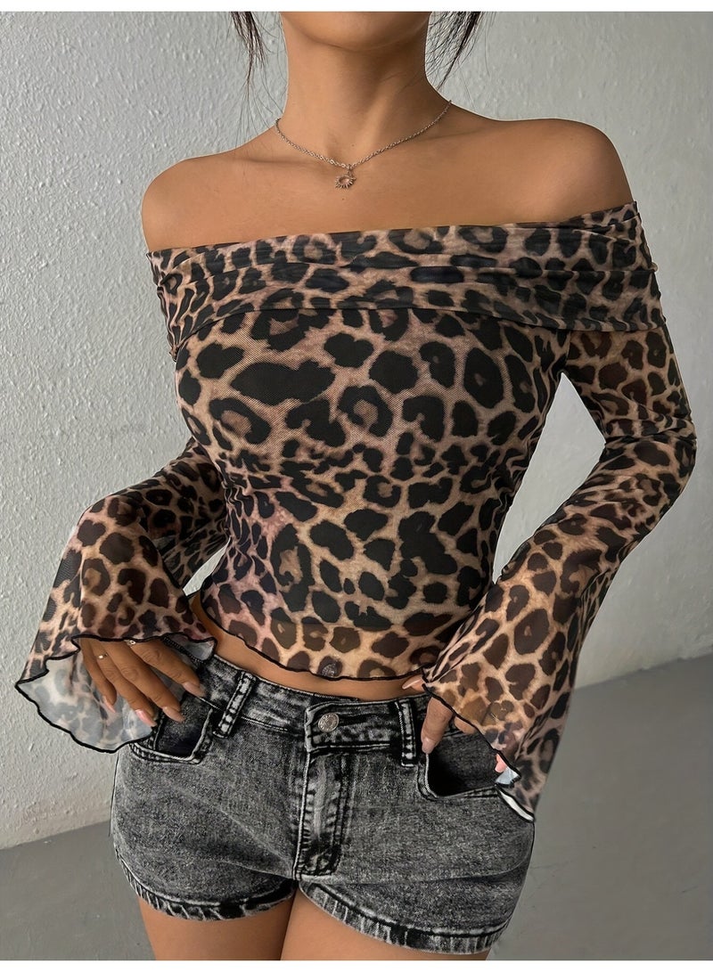 Off-shoulder Long Sleeve Leopard Print Top