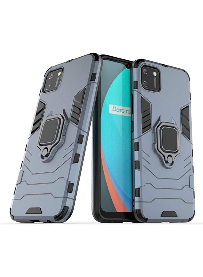 مايجين متوافق مع حافظة Realme C11 بمقبض حلقي معدني ومسند ممتص للصدمات صلب يعمل مع حامل مغناطيسي للسيارة وغطاء متين بطبقة مزدوجة لهاتف oppo Realme C11 باللون الأزرق الداكن - Image 1