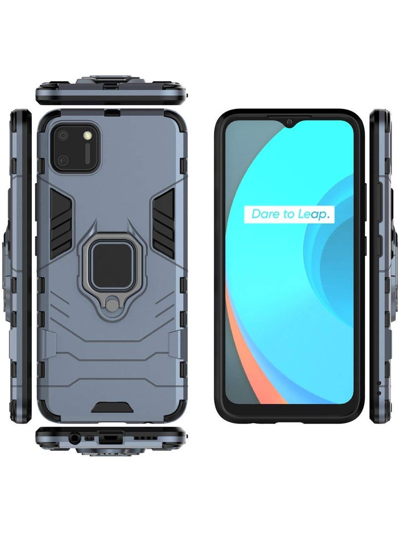 مايجين متوافق مع حافظة Realme C11 بمقبض حلقي معدني ومسند ممتص للصدمات صلب يعمل مع حامل مغناطيسي للسيارة وغطاء متين بطبقة مزدوجة لهاتف oppo Realme C11 باللون الأزرق الداكن - Image 3