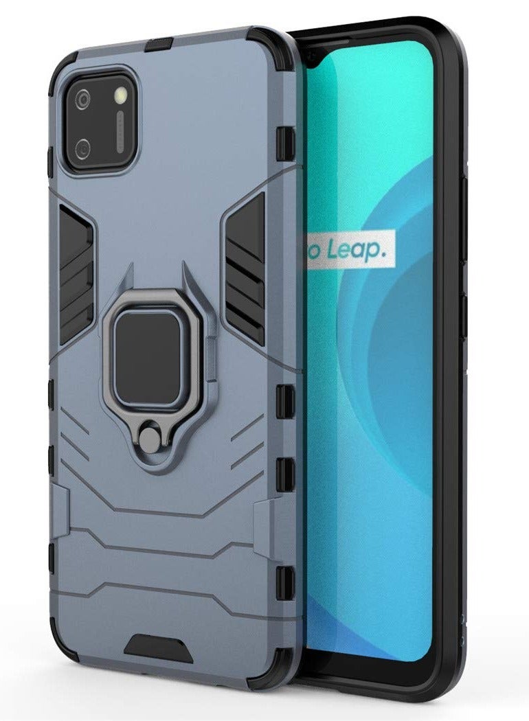 مايجين متوافق مع حافظة Realme C11 بمقبض حلقي معدني ومسند ممتص للصدمات صلب يعمل مع حامل مغناطيسي للسيارة وغطاء متين بطبقة مزدوجة لهاتف oppo Realme C11 باللون الأزرق الداكن - Image 4