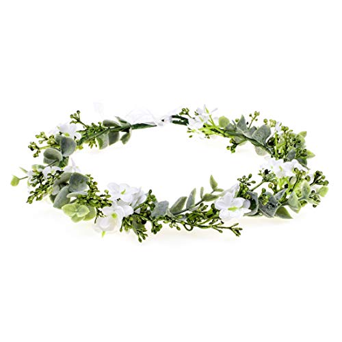 Vividsun Bridal Green Leaf Crown Bohemian Headpiece Floral Headband Photo Prop (white flower) - Image 1