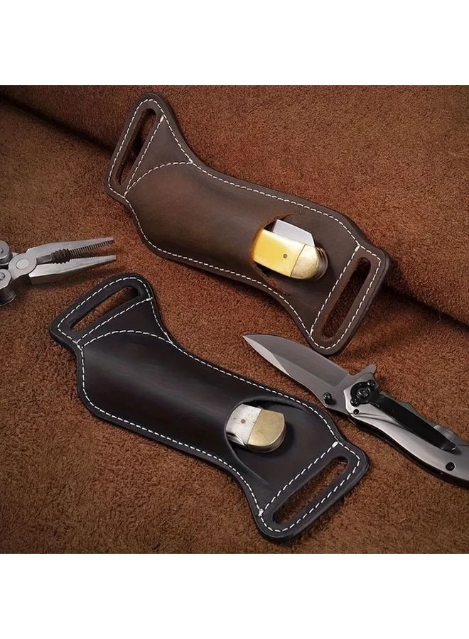 Dark Brown Faux Leather Knife Sheath Belt Loop Holster for Folding Pocket Kitchen Knives - Image 1