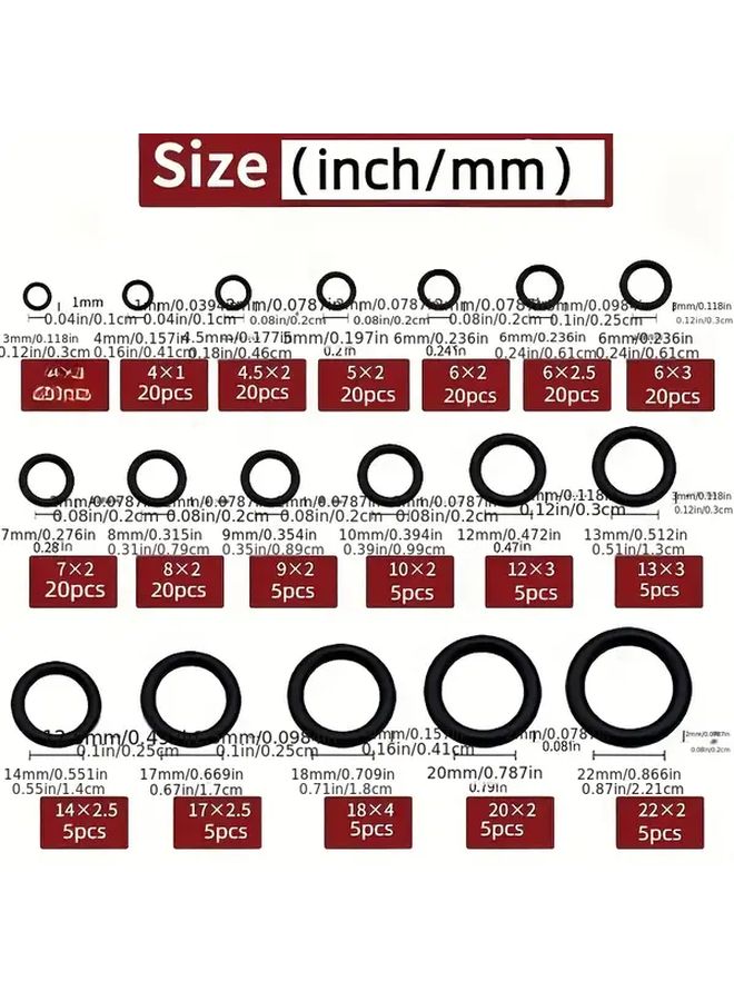 225pcs O Ring Set Oil Water Resistant Rubber Seals 50D Hardness Various Sizes A Box - Image 2