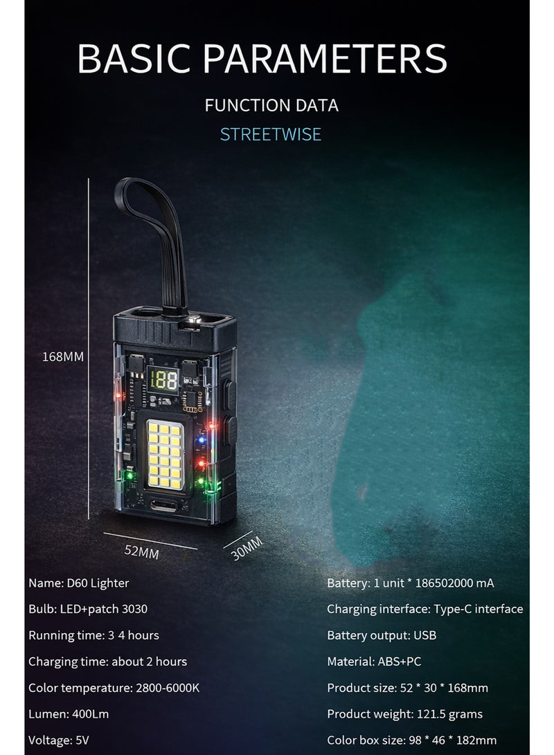 Rechargeable Mini LED Portable ARC Lighter with Camping Light, Self-Defense Alarm & Flashlight Keychain – 400Lm, USB Type-C, Black - Image 5