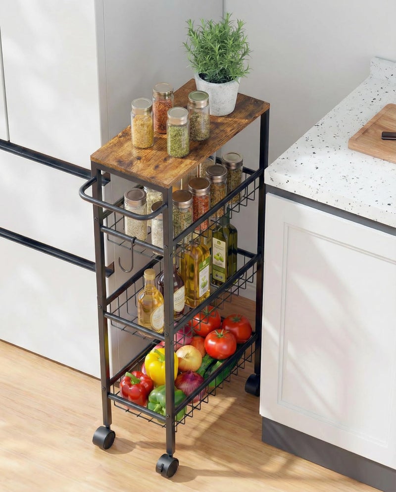 Tujurich Rolling Utility Cart, 4-Tier Slim Narrow Storage Cart with Wheels for Kitchen, Laundry Room Organization, Metal Bathroom Organizer with Wood Top, Brown, 17.3" x 7.9" x 32.6" - Image 1