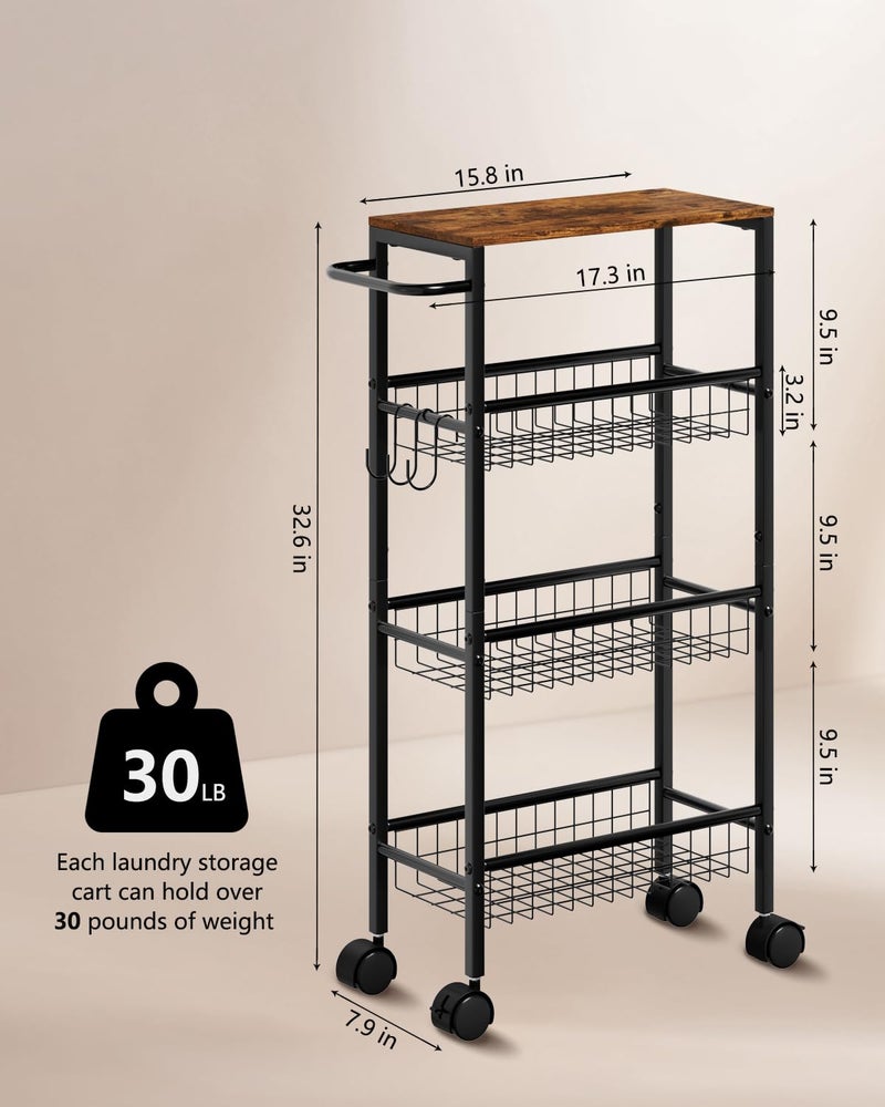 Tujurich Rolling Utility Cart, 4-Tier Slim Narrow Storage Cart with Wheels for Kitchen, Laundry Room Organization, Metal Bathroom Organizer with Wood Top, Brown, 17.3" x 7.9" x 32.6" - Image 5