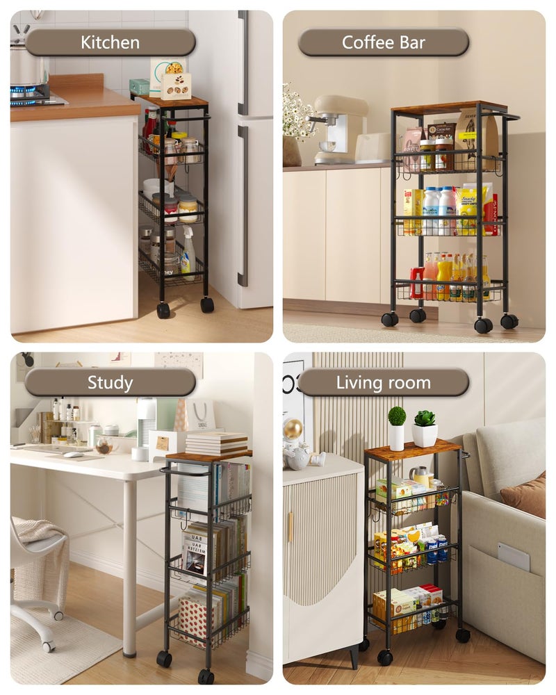Tujurich Rolling Utility Cart, 4-Tier Slim Narrow Storage Cart with Wheels for Kitchen, Laundry Room Organization, Metal Bathroom Organizer with Wood Top, Brown, 17.3" x 7.9" x 32.6" - Image 4