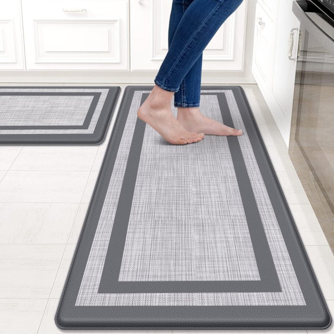 KITCHEN MAT 2 PCS CUSHIONED ANTIFATIGUE RUGS NONSKID WATERPROOF ERGONOMIC COMFORT STANDING MAT FOR KITCHEN FLOOR OFFICE SINK LAUNDRY GRAY AND GRAY