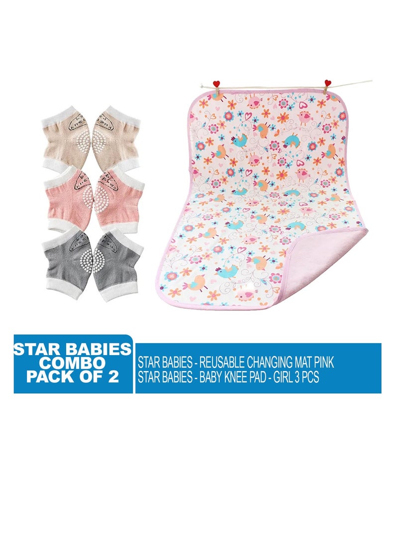 STAR BABiES Star Babies - Combo Pack of 2- Girls Anti-Slip Crawling Kneepads Pack of 3 with Reusable Changing Mats - Pink - Image 2