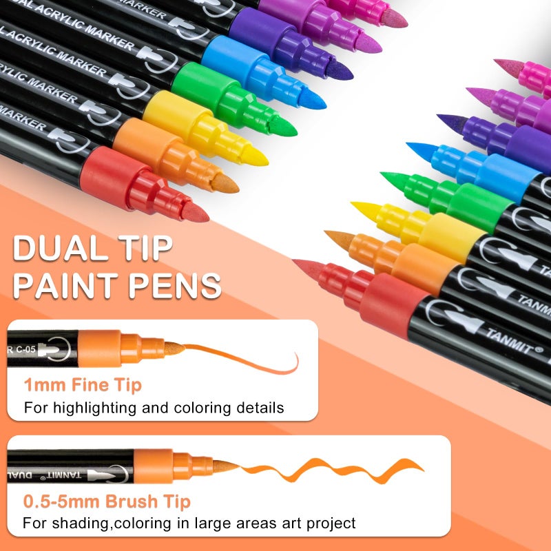 TANMIT 24 Colors Acrylic Paint Pens, Dual Tip Acrylic Paint Markers with Brush Tip and Fine Tip, Acrylic Pens for Rock Painting, Wood, Canvas, Stone, Glass, Ceramic,DIY Crafts Making Art Supplies - Image 2