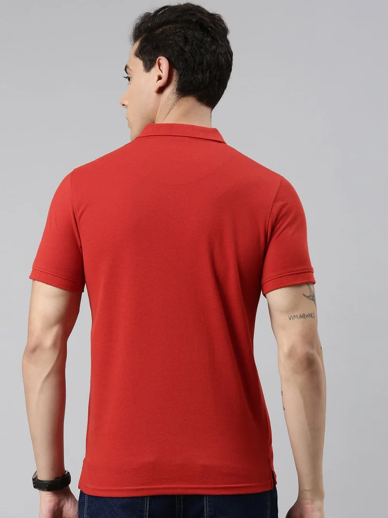 Joven Men Red Solid Polo Collar Pure Cotton T-Shirt