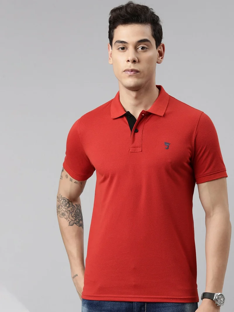 Joven Men Red Solid Polo Collar Pure Cotton T-Shirt