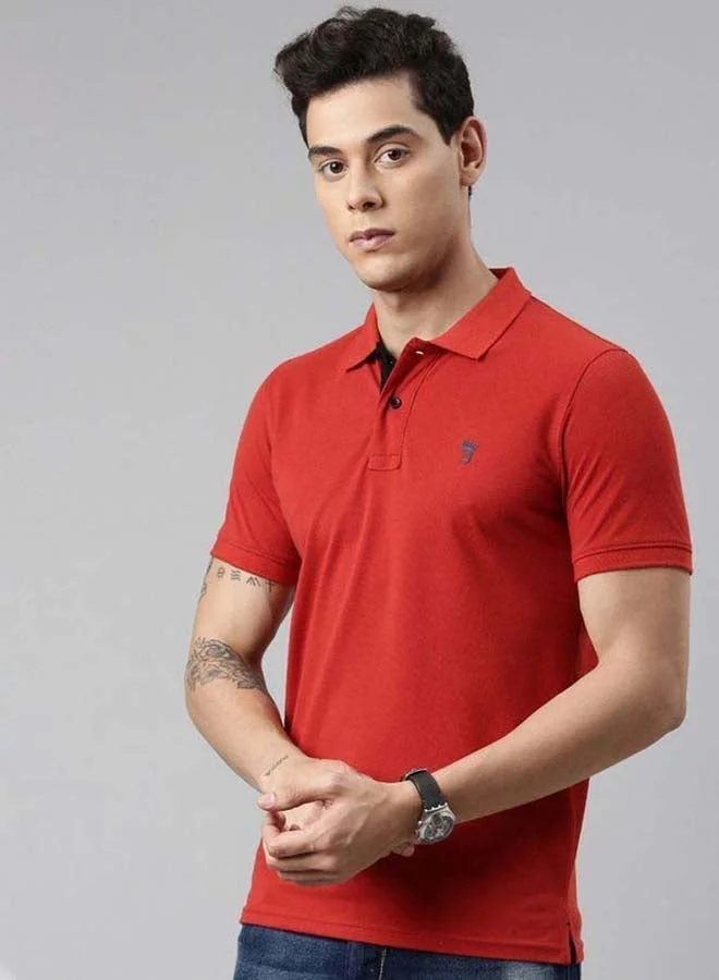 Joven Men Red Solid Polo Collar Pure Cotton T-Shirt