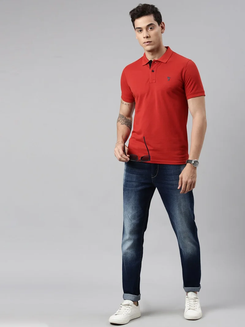 Joven Carrot Men Red Solid Polo Collar Pure Cotton T-Shirt for Men | Best Price UAE